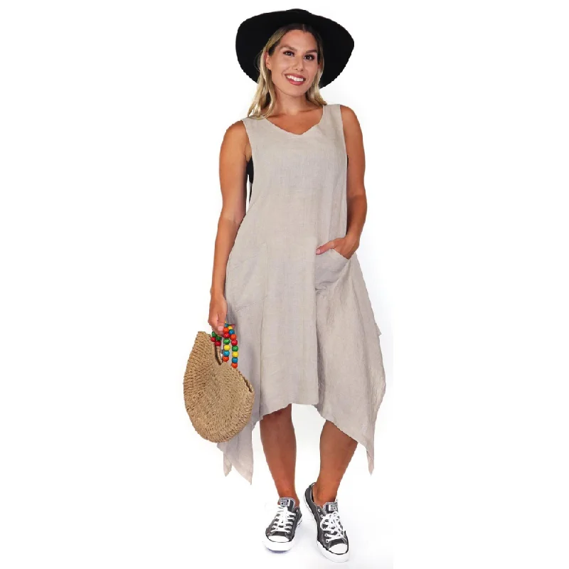 Linen & Gauze Asymmetrical Sleeveless Linen Beige Dress (Women's)