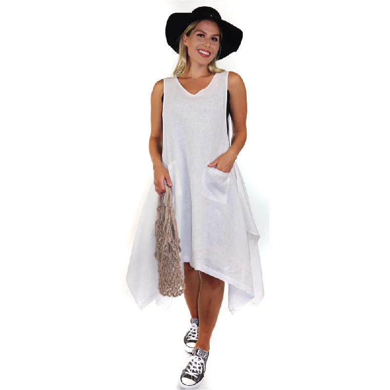 Linen & Gauze Asymmetrical Sleeveless Linen White Dress (Women's)