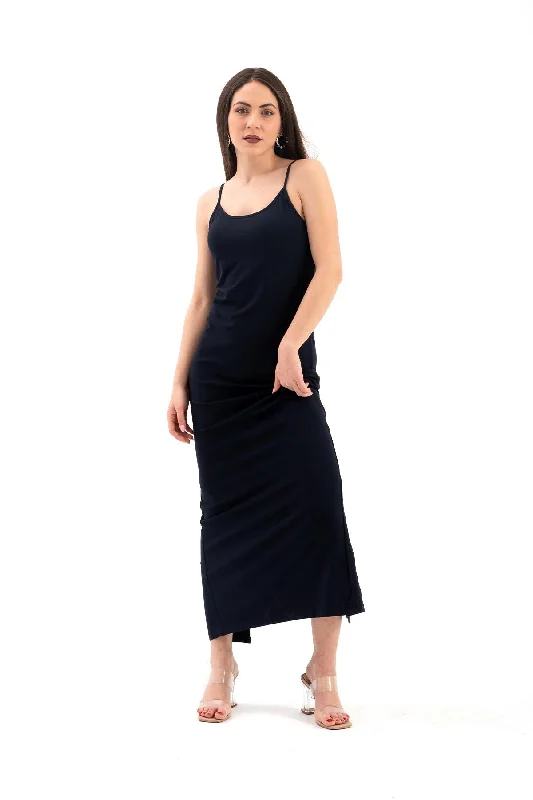 Women's Dress with Adjustable Straps and Slit on the Back - Navy Blue