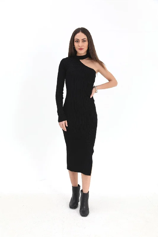 Women's One-Shoulder Sweater Dress - Black