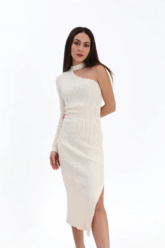 Women's One-Shoulder Sweater Dress - Ecru